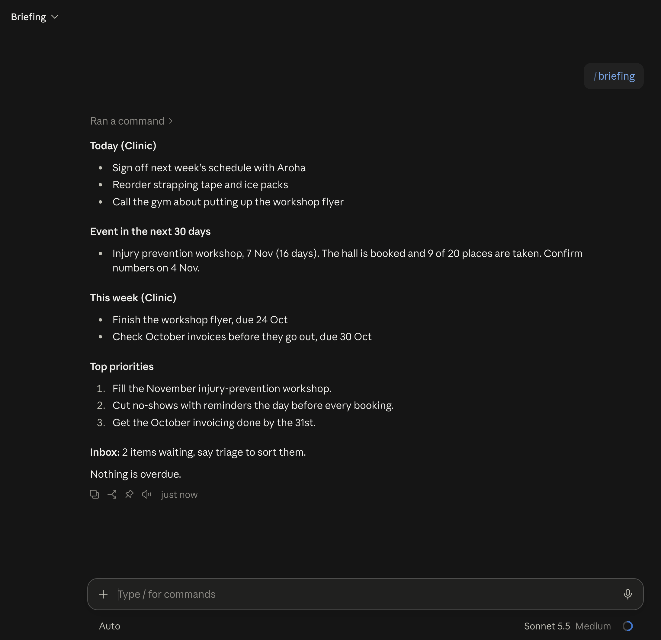 The Claude app open on a demonstration brain folder after typing /briefing: today's tasks, an upcoming workshop, this week's jobs and the top priorities.