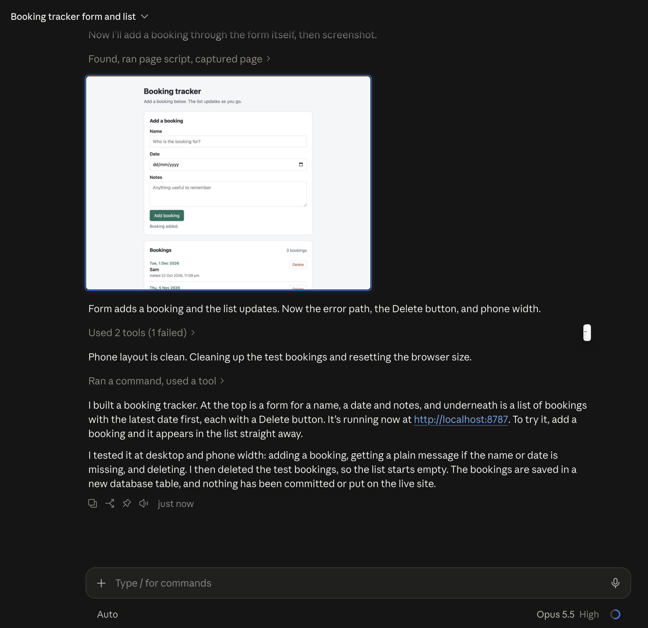 The Claude app after it built a booking tracker: a picture of the tracker it checked in a browser, and its plain-English summary of what it built and tested.