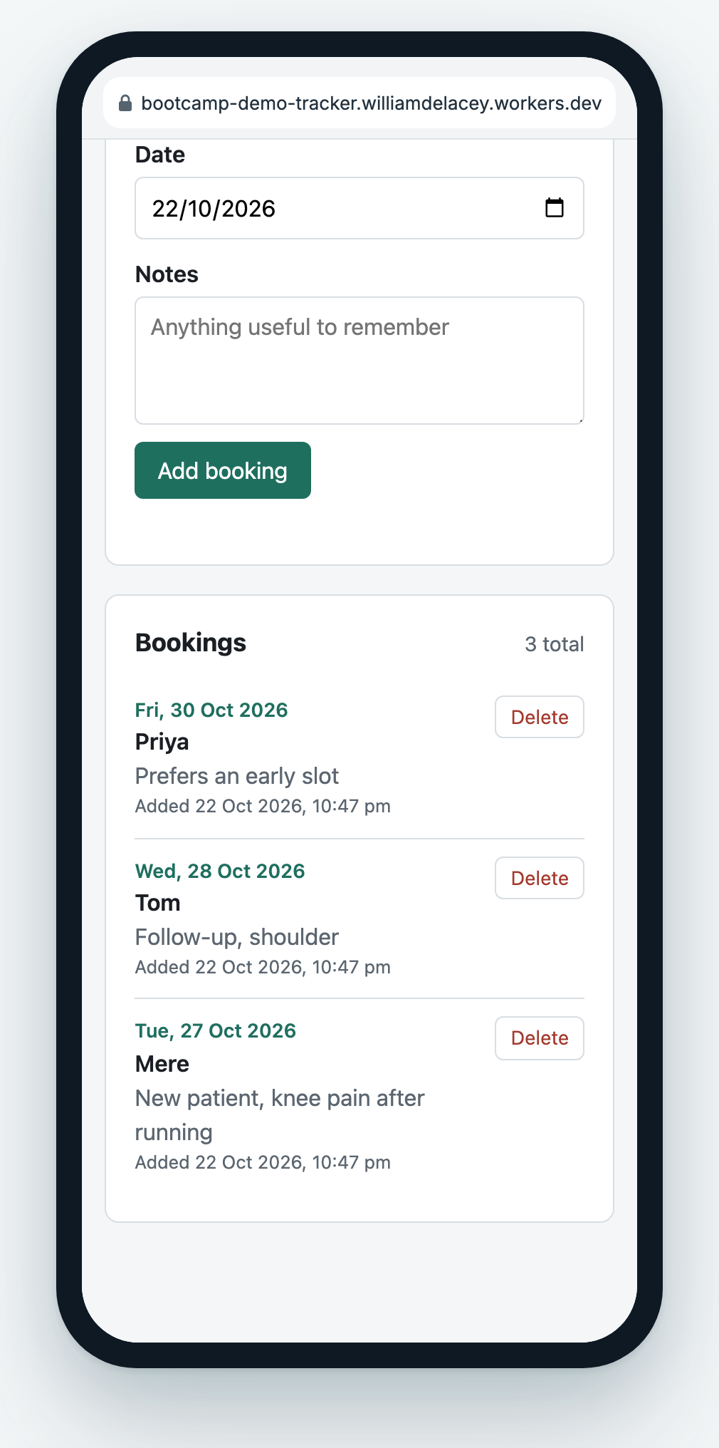 The finished booking tracker open on a phone at its own web address, with three bookings in the list.