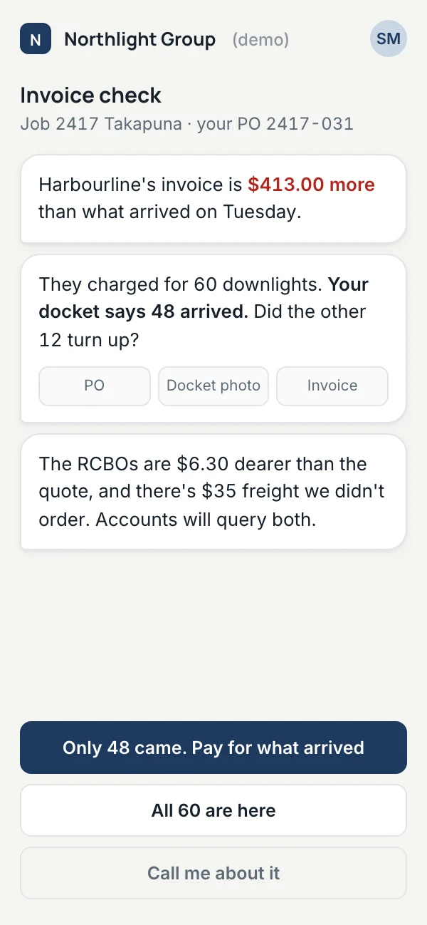 Phone message asking the site supervisor whether the other 12 downlights arrived, with buttons to pay for what arrived or confirm all 60
