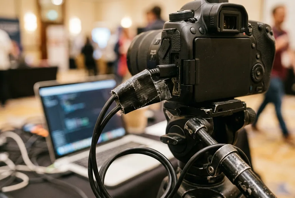 A PopStudio camera station tethered to a laptop at an event