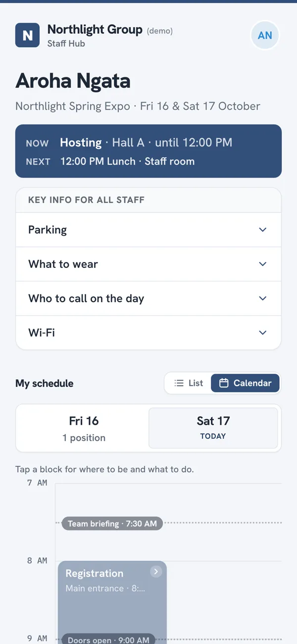 A staff member's schedule on their phone